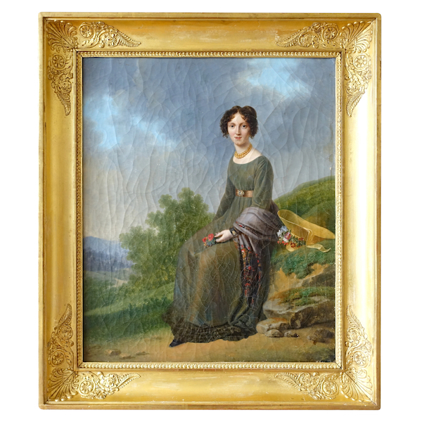 Jean Alphonse Roehn : portrait d'aristocrate d'époque Empire Restauration, huile sur toile signée - 67,4cm x 57,7cm