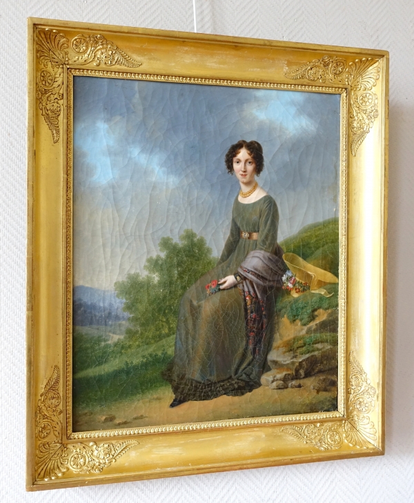 Jean Alphonse Roehn : portrait d'aristocrate d'époque Empire Restauration, huile sur toile signée - 67,4cm x 57,7cm