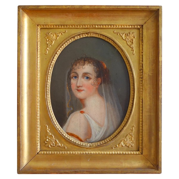 Empire portrait of a young lady wearing antique-fashioned clothes, 19th century oil on canvas - 38cm x 32cm