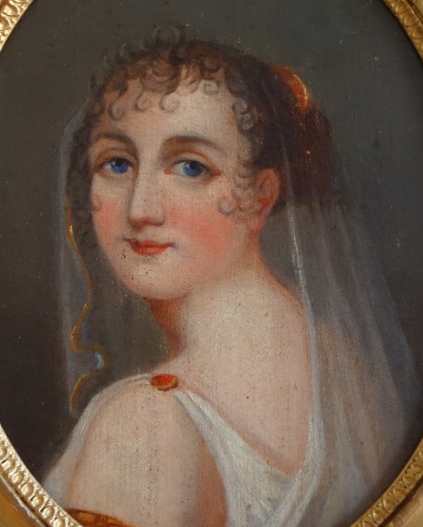 Portrait d'époque Empire, jeune fille vêtue à l'antique, huile sur toile - 38cm x 32cm