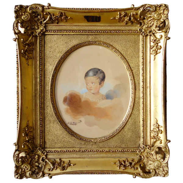 Jules Fragonard : watercolor portrait of a child set into a gold leaf gilt wood frame, mid 19th century