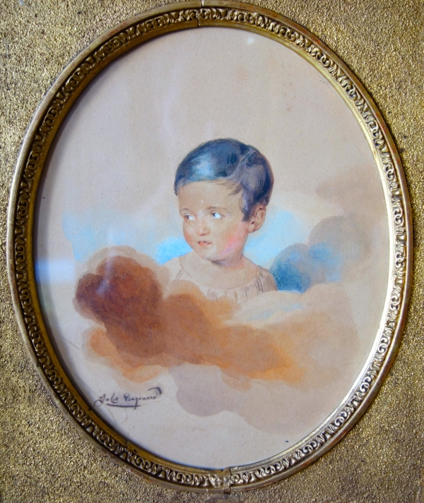 Jules Fragonard : watercolor portrait of a child set into a gold leaf gilt wood frame, mid 19th century