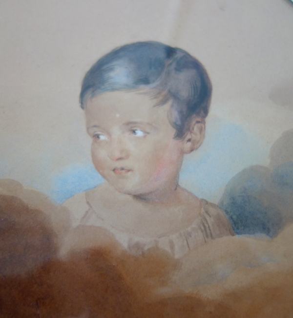 Jules Fragonard : portrait d'enfant à l'aquarelle, étiquette du salon de Paris - milieu XIXe siècle