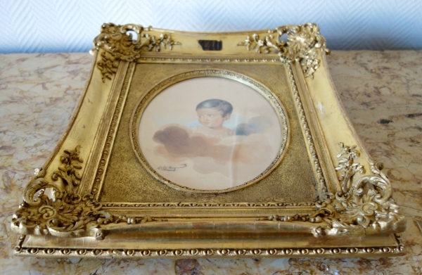 Jules Fragonard : watercolor portrait of a child set into a gold leaf gilt wood frame, mid 19th century