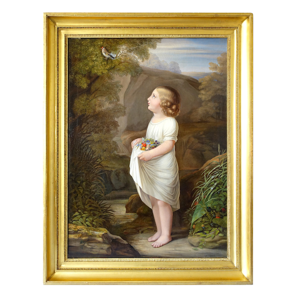 Ecole Française du XIXe siècle, grand portrait d'enfant d'époque Charles X, allégorie de l'Innocence