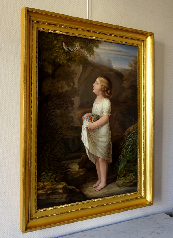 Ecole Française du XIXe siècle, grand portrait d'enfant d'époque Charles X, allégorie de l'Innocence