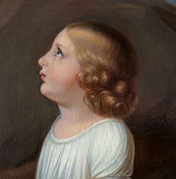 Ecole Française du XIXe siècle, grand portrait d'enfant d'époque Charles X, allégorie de l'Innocence