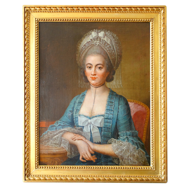 Ecole Française du XVIIIe siècle : grand portrait de dame aristocrate d'époque Louis XVI