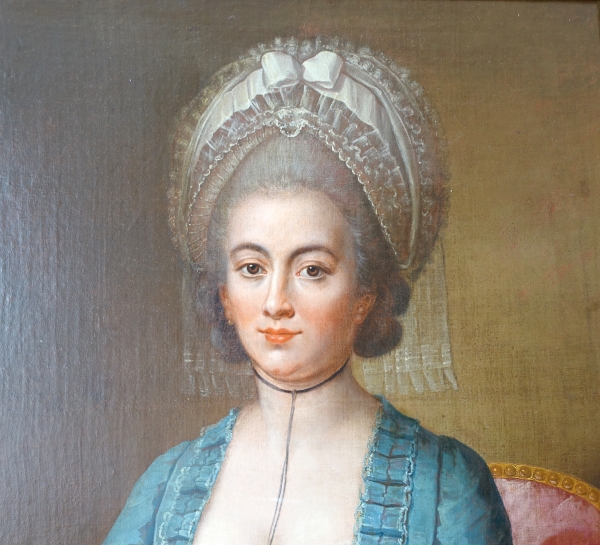 Ecole Française du XVIIIe siècle : grand portrait de dame aristocrate d'époque Louis XVI