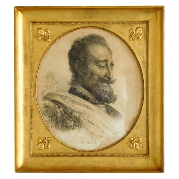 Grand portrait royaliste du Roi Henri IV dans un cadre en bois doré à fleurs de lys - dessin 1829