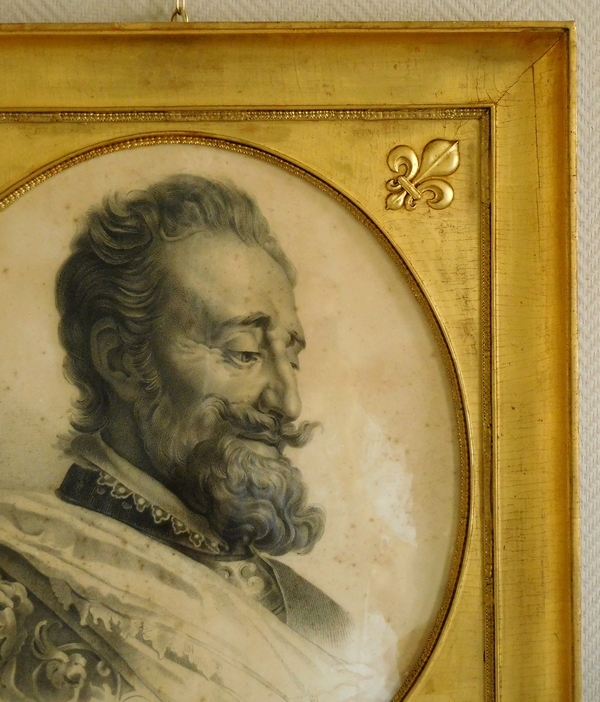 Grand portrait royaliste du Roi Henri IV dans un cadre en bois doré à fleurs de lys - dessin 1829