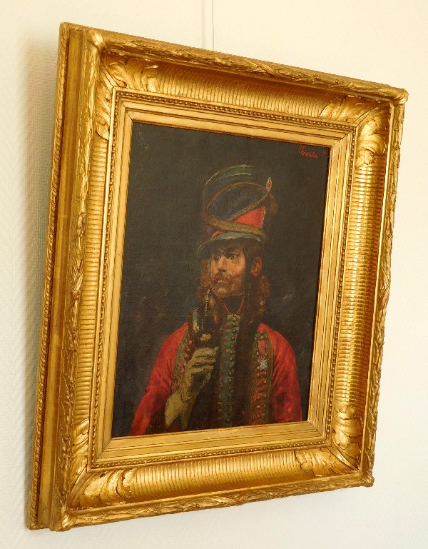 Ecole Française du XIXe siècle, portrait d'officier du 4e Hussard fumant la pipe - Militaria