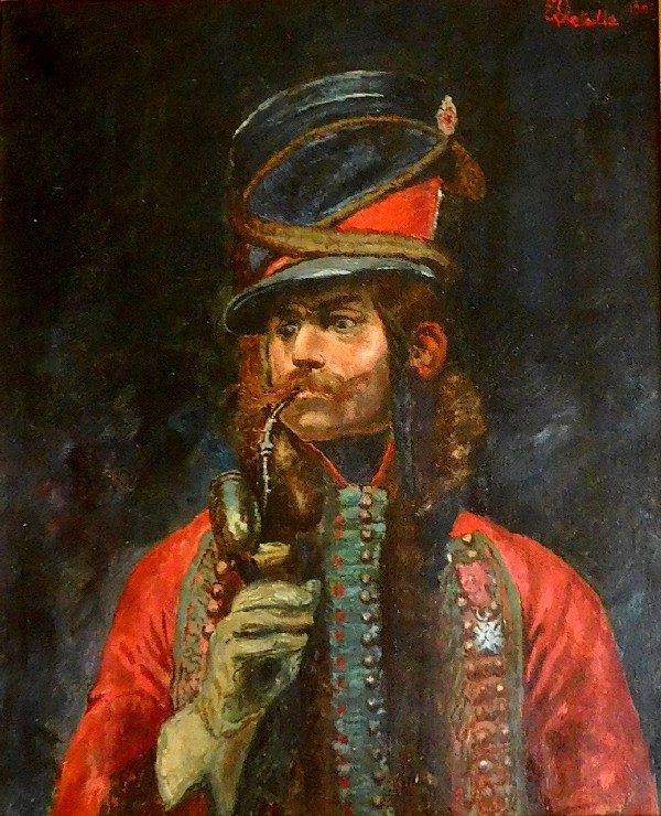 Ecole Française du XIXe siècle, portrait d'officier du 4e Hussard fumant la pipe - Militaria