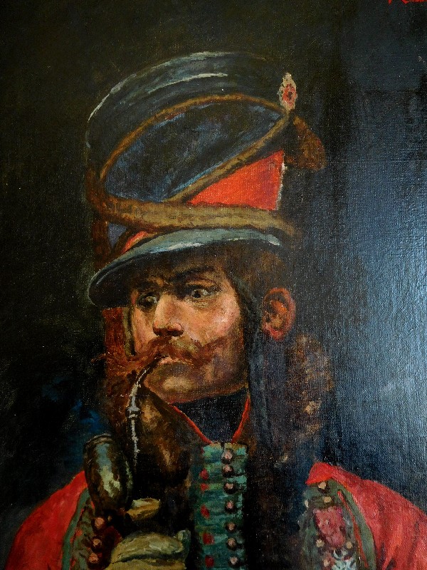 Ecole Française du XIXe siècle, portrait d'officier du 4e Hussard fumant la pipe - Militaria