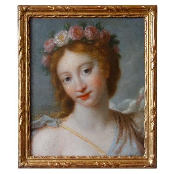 18th century French school, portrait of a young woman featuring Flora - oil on canvas