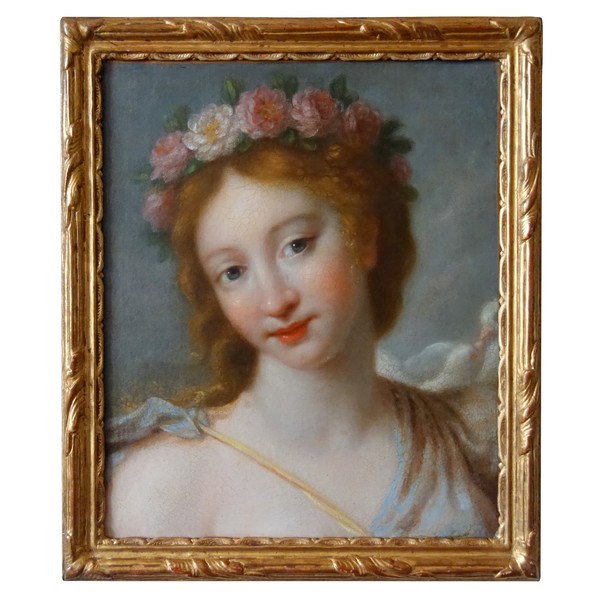 Ecole Française du XVIIIe siècle : portrait de jeune femme en Flore - huile sur toile