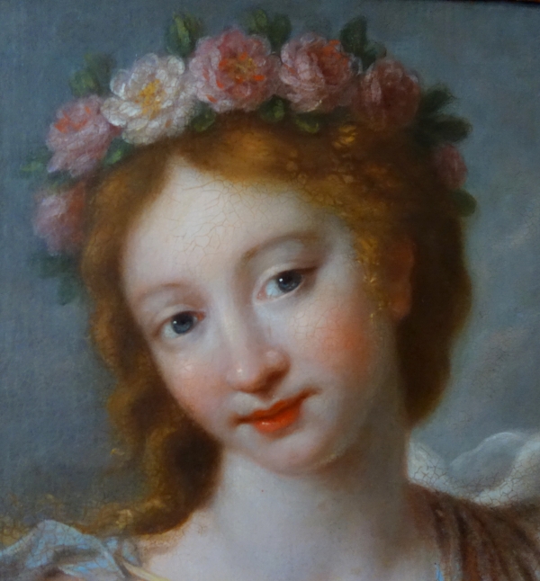 Ecole Française du XVIIIe siècle : portrait de jeune femme en Flore - huile sur toile