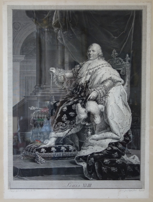 Grande gravure royaliste : Louis XVIII Roi de France en 1814 d'après Gérard - 85,5cm x 105cm