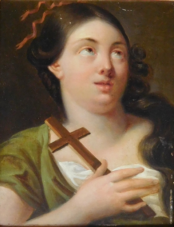 Ecole du début 19e siècle, portrait de Sainte Marie-Madeleine, huile sur panneau dans un cadre doré