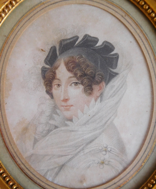 Miniature portrait of a lady, gold leaf gilt wood frame, Directoire period, late 18th century