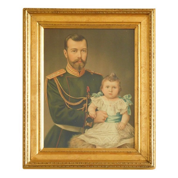 Portrait of Tsar Nicholas II & Duchess Olga in 1895 - chromolithography set into a gilt wood frame 