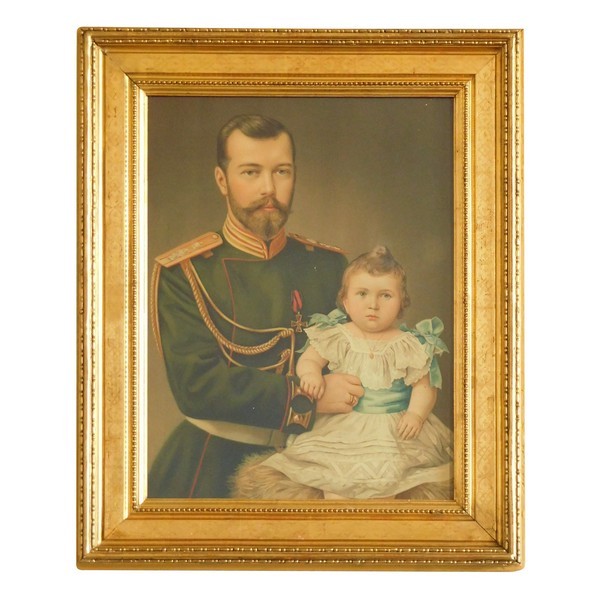 Portrait du Tsar Nicolas II et de la Grande Duchesse Olga en 1895 - chromolithographie, cadre doré