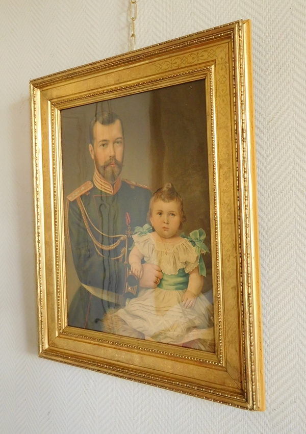 Portrait of Tsar Nicholas II & Duchess Olga in 1895 - chromolithography set into a gilt wood frame 