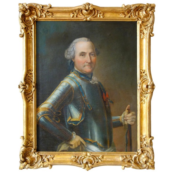 Portrait d'Officier Général d'époque Louis XV dans son cadre d'origine en bois sculpté et doré