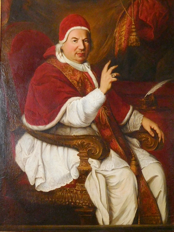 Ecole du XVIIIe siècle, grand portrait du Pape Benoît XIV, d'après Pierre Subleyras - 128cm x 94cm