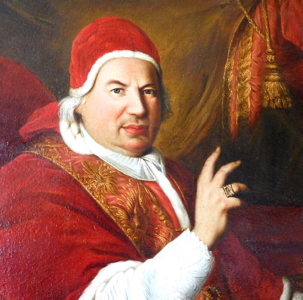 Ecole du XVIIIe siècle, grand portrait du Pape Benoît XIV, d'après Pierre Subleyras - 128cm x 94cm