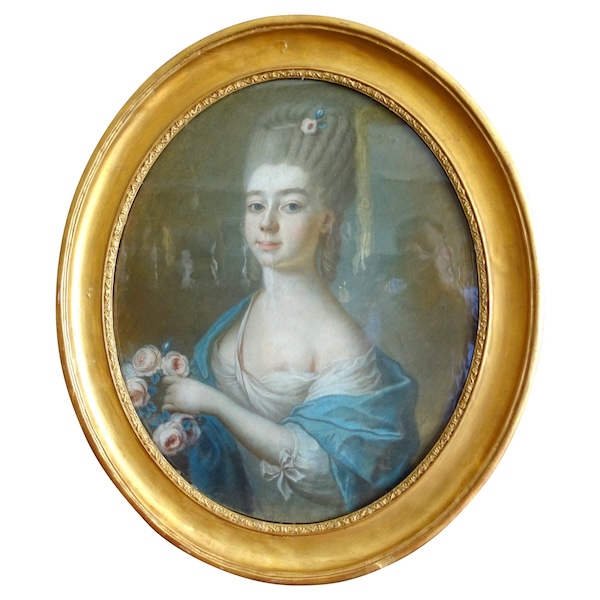 Ecole française du XVIIIe siècle, portrait de dame aristocrate en Flore, pastel, époque Louis XV