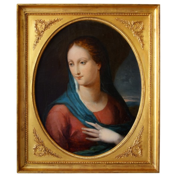 Portrait de la Vierge Marie, huile sur toile d'époque Empire - Restauration 74,5cm x 86,8cm