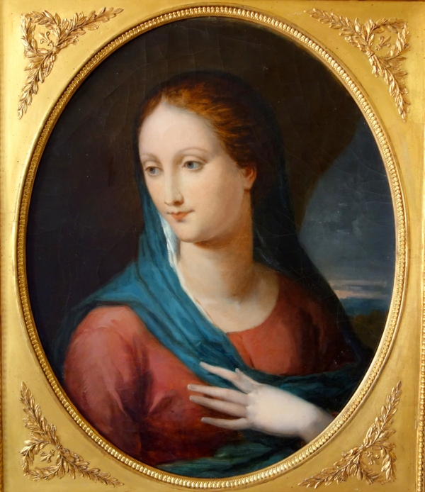 Portrait de la Vierge Marie, huile sur toile d'époque Empire - Restauration 74,5cm x 86,8cm