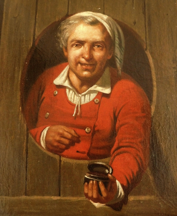 Ecole du XVIIIe siècle, tableau en trompe-l'oeil : le priseur de tabac, huile sur toile