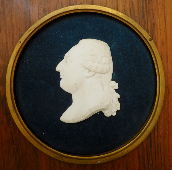 Louis XVI miniature biscuit bust in a rosewood frame, 19th century