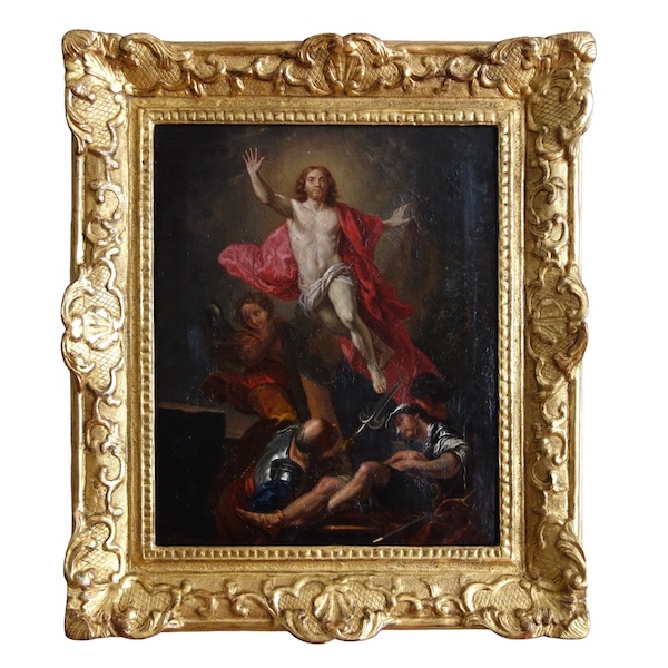La Résurrection du Christ d'après Van Loo, HST, cadre en bois doré d'époque Louis XIV