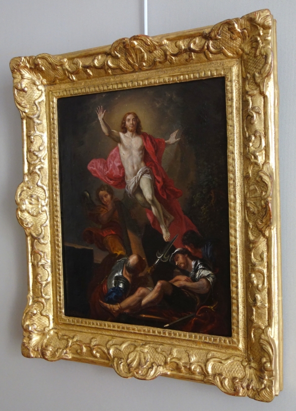 La Résurrection du Christ d'après Van Loo, HST, cadre en bois doré d'époque Louis XIV
