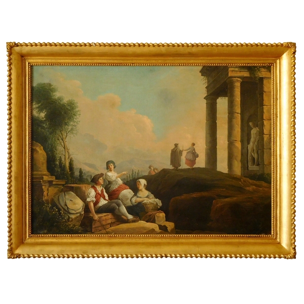 Ecole du XVIIIe siècle, suiveur d'Hubert Robert : personnages et ruines antiques, signé et daté 1775