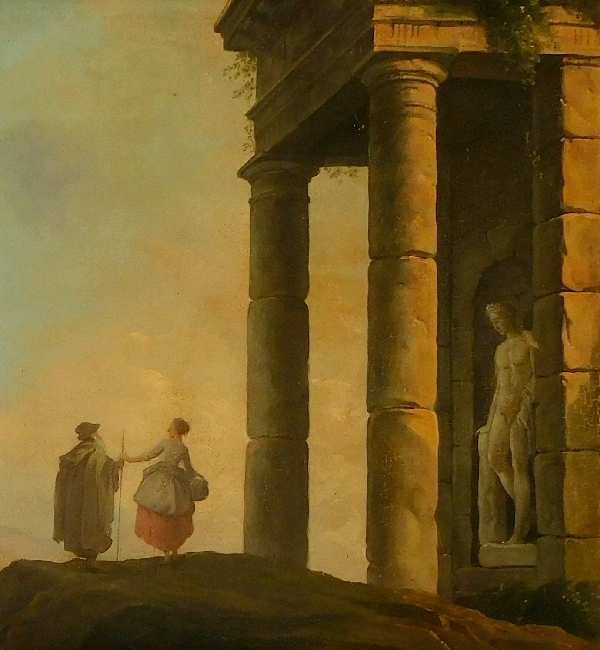 Ecole du XVIIIe siècle, suiveur d'Hubert Robert : personnages et ruines antiques, signé et daté 1775