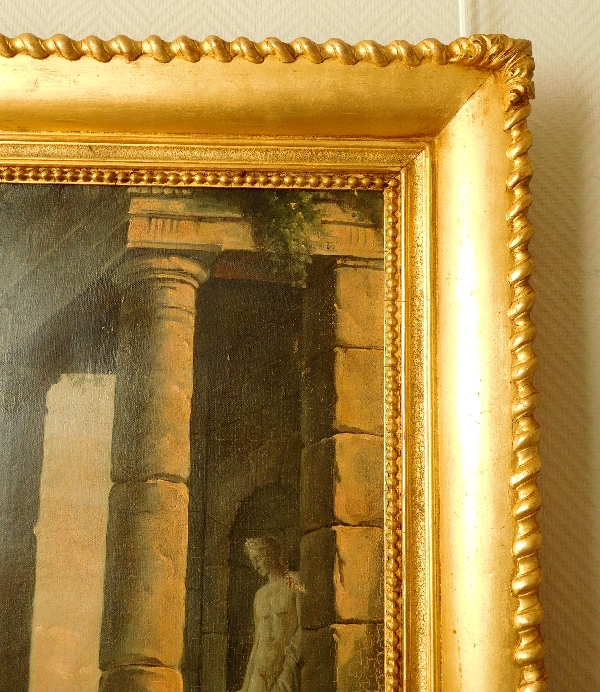 Ecole du XVIIIe siècle, suiveur d'Hubert Robert : personnages et ruines antiques, signé et daté 1775