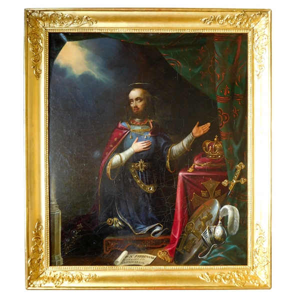 Ecole Française du XIXe siècle, huile sur toile : portrait de Saint Ferdinand III Roi d'Espagne