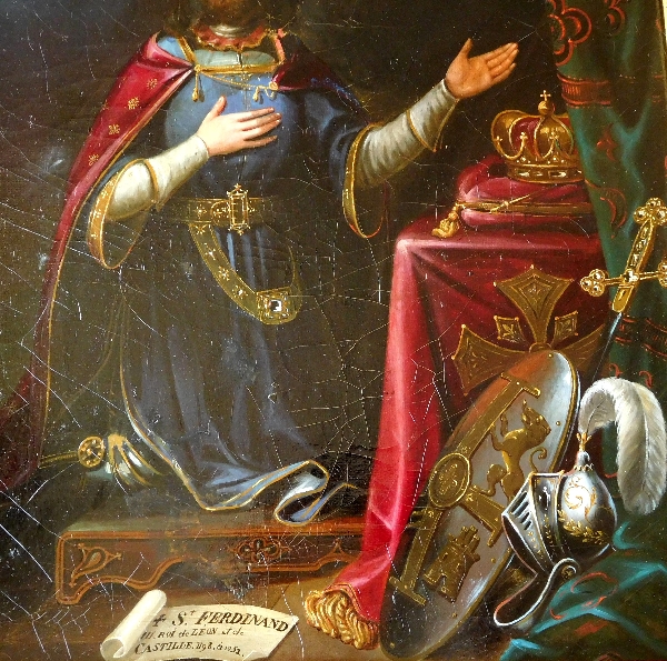 Ecole Française du XIXe siècle, huile sur toile : portrait de Saint Ferdinand III Roi d'Espagne