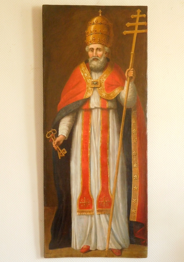 Ecole Française du XVIIIe, grand portrait de Saint Pierre en Pape, huile sur toile - 138,5cm x 57cm