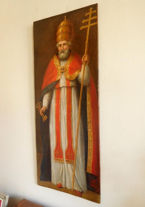 Ecole Française du XVIIIe, grand portrait de Saint Pierre en Pape, huile sur toile - 138,5cm x 57cm