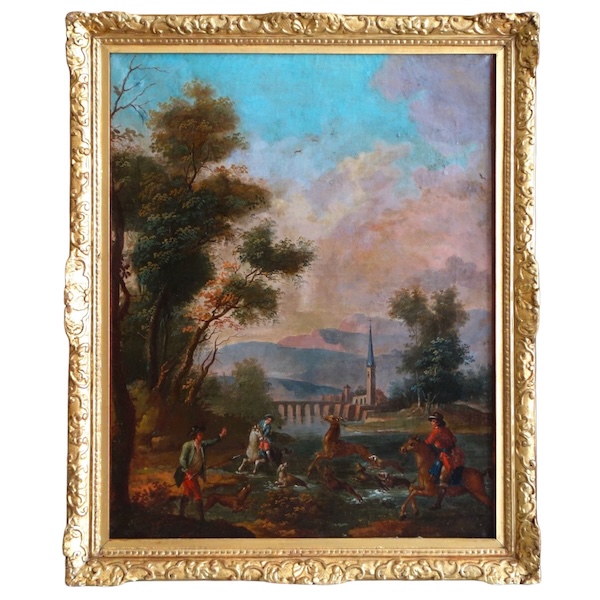 Ecole Française du XVIIIe siècle, scène de chasse à courre - le Bât l'Eau - HST 90cm x 74cm