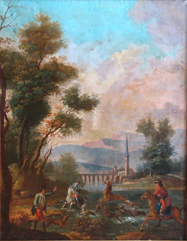 Ecole Française du XVIIIe siècle, scène de chasse à courre - le Bât l'Eau - HST 90cm x 74cm
