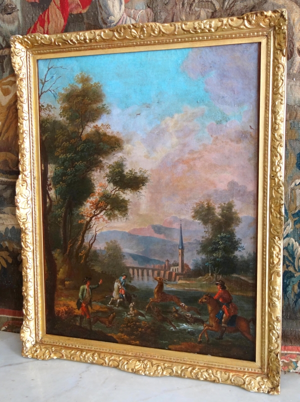 Ecole Française du XVIIIe siècle, scène de chasse à courre - le Bât l'Eau - HST 90cm x 74cm