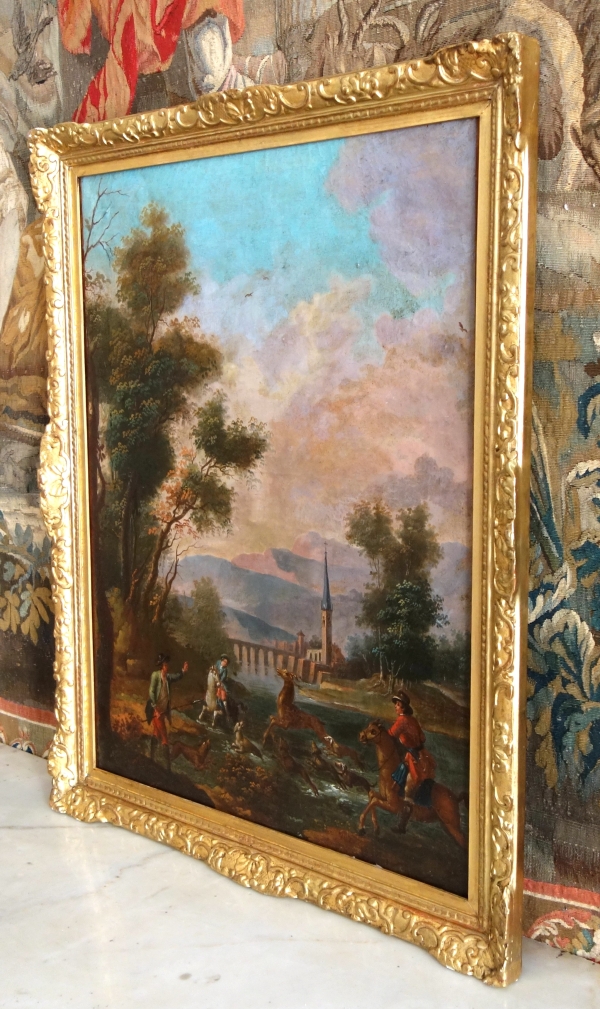 Ecole Française du XVIIIe siècle, scène de chasse à courre - le Bât l'Eau - HST 90cm x 74cm