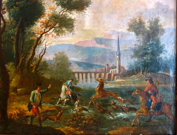 Ecole Française du XVIIIe siècle, scène de chasse à courre - le Bât l'Eau - HST 90cm x 74cm
