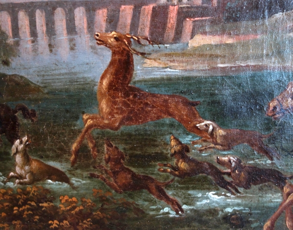Ecole Française du XVIIIe siècle, scène de chasse à courre - le Bât l'Eau - HST 90cm x 74cm